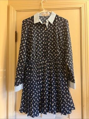 LOFT Navy ☘️ Shamrock Long-Sleeve Fit-and-Flare Dress with Striped Collar